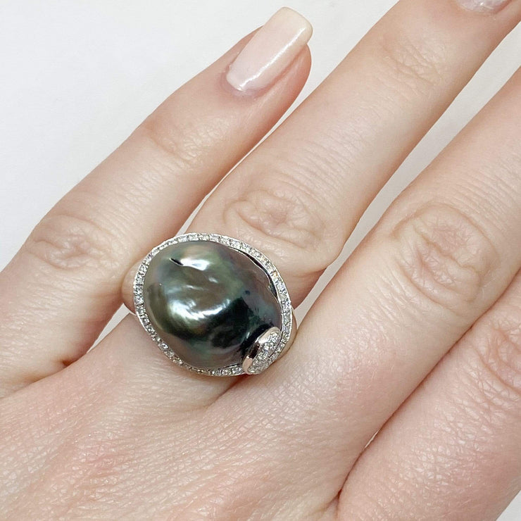 Mark Areias Jewelers Jewellery & Watches Black Grey Baroque Tahitian Pearl & Diamond 14K White Gold Ring 15mm .30ctw