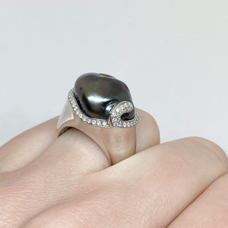 Mark Areias Jewelers Jewellery & Watches Black Grey Baroque Tahitian Pearl & Diamond 14K White Gold Ring 15mm .30ctw