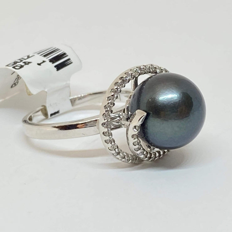 Mark Areias Jewelers Jewellery & Watches Black Grey Round Tahitian Pearl & Diamond Halo 14K White Gold Ring 11mm .52ctw