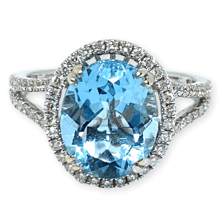 Mark Areias Jewelers Jewellery & Watches Blue Oval Aquamarine & Halo Diamond Ring 14K White Gold 3.41 Carat