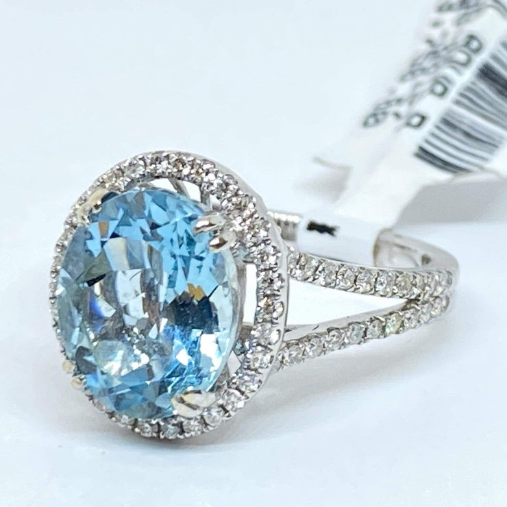 Mark Areias Jewelers Jewellery & Watches Blue Oval Aquamarine & Halo Diamond Ring 14K White Gold 3.41 Carat