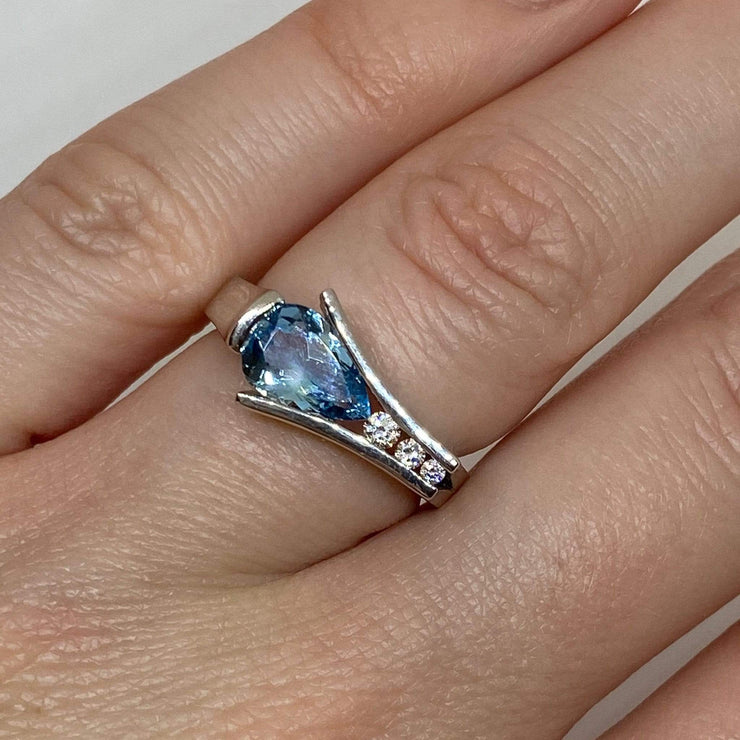 Mark Areias Jewelers Jewellery & Watches Blue Pear Aquamarine & Diamond Ring Channel Set 18K White Gold .95 Carat