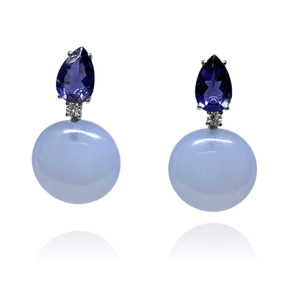 Mark Areias Jewelers Jewellery & Watches "Bonbon" Earrings with Natural Blue Chalcedony and Iolite, 18K White Gold