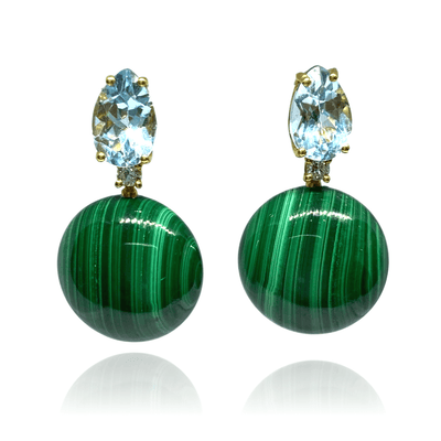 Mark Areias Jewelers Jewellery & Watches "Bonbon" Earrings with Natural Green Malachite and Blue Topaz, 18K Yellow Gold
