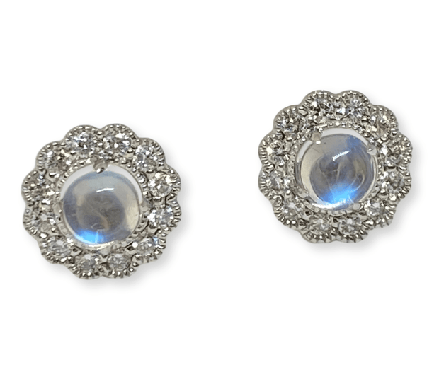 Mark Areias Jewelers Jewellery & Watches Cabochon Natural Moonstone & Diamonds Pave Halo Post Earrings 14K White Gold