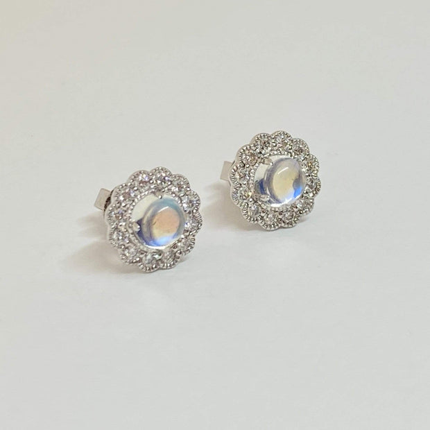 Mark Areias Jewelers Jewellery & Watches Cabochon Natural Moonstone & Diamonds Pave Halo Post Earrings 14K White Gold