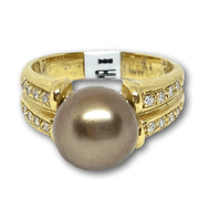 Mark Areias Jewelers Jewellery & Watches Chocolate Cognac Pearl Solitaire Ring w/Pave Diamonds 14K Yellow Gold 9.50mm