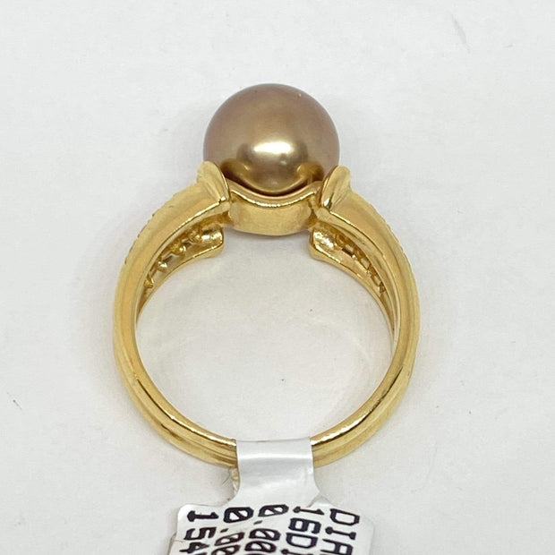 Mark Areias Jewelers Jewellery & Watches Chocolate Cognac Pearl Solitaire Ring w/Pave Diamonds 14K Yellow Gold 9.50mm