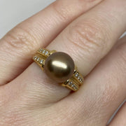 Mark Areias Jewelers Jewellery & Watches Chocolate Cognac Pearl Solitaire Ring w/Pave Diamonds 14K Yellow Gold 9.50mm