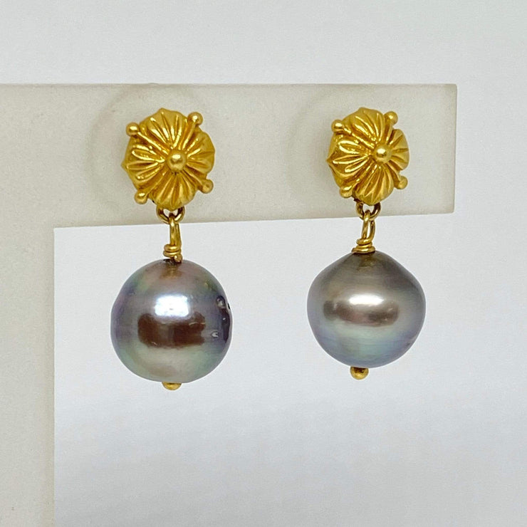 Mark Areias Jewelers Jewellery & Watches Cultured Tahitian Pearl Dangle Post Earrings 22K Yellow Gold 11mm