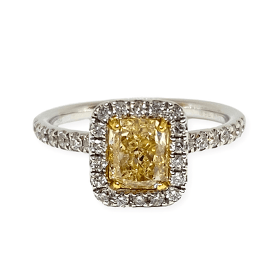 Mark Areias Jewelers Jewellery & Watches Cushion Fancy Yellow and Halo Diamond Solitaire Ring 18 Karat 1.36 CT