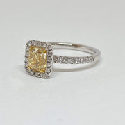 Mark Areias Jewelers Jewellery & Watches Cushion Fancy Yellow and Halo Diamond Solitaire Ring 18 Karat 1.36 CT