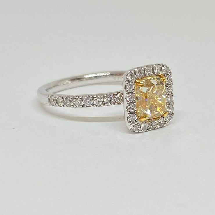 Mark Areias Jewelers Jewellery & Watches Cushion Fancy Yellow and Halo Diamond Solitaire Ring 18 Karat 1.36 CT