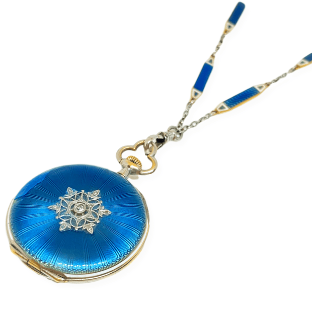Mark Areias Jewelers Jewellery & Watches E. Gubelin Watch Pendant Platinum & 18KY Blue Guilloche Filigree Diamond 28mm