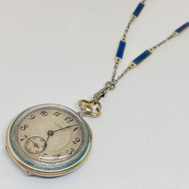 Mark Areias Jewelers Jewellery & Watches E. Gubelin Watch Pendant Platinum & 18KY Blue Guilloche Filigree Diamond 28mm