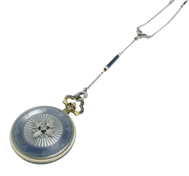 Mark Areias Jewelers Jewellery & Watches Edwardian Longines Blue Enamel Pendant Watch Platinum and 14 Karat Yellow Gold