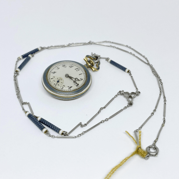 Mark Areias Jewelers Jewellery & Watches Edwardian Longines Blue Enamel Pendant Watch Platinum and 14 Karat Yellow Gold