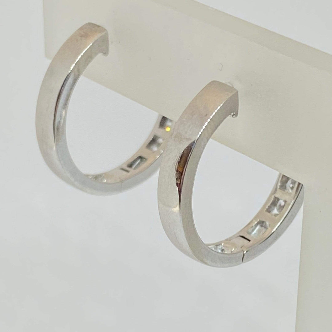 One Row Channel Set Iced Cz Small Huggie Loop Thin Hoop Earrings For Women Men Trendy 14K White Gold Over 925 Sterling Silver Cubic Zirconia 12mm