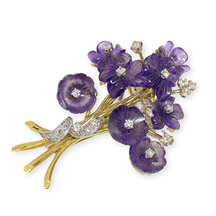 Mark Areias Jewelers Jewellery & Watches Estate Natural Amethyst & Diamond Flower Bouquet Brooch Pin 18KY