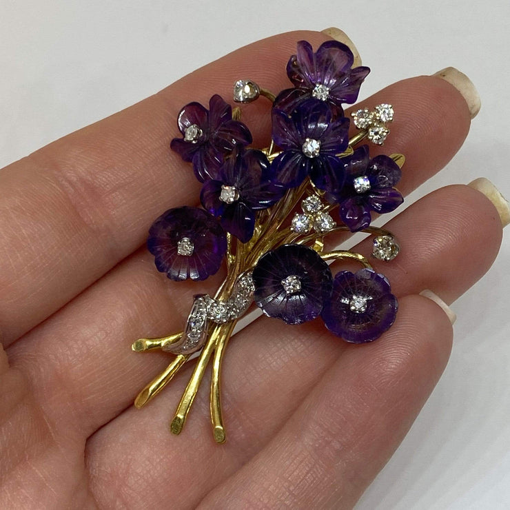 Mark Areias Jewelers Jewellery & Watches Estate Natural Amethyst & Diamond Flower Bouquet Brooch Pin 18KY