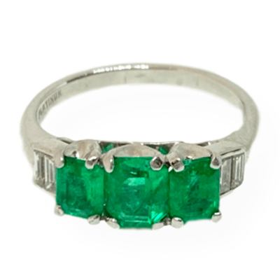Mark Areias Jewelers Jewellery & Watches Estate Natural Emerald & Diamond Three Stone Platinum Ring 1CTW