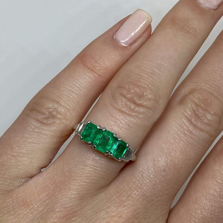 Mark Areias Jewelers Jewellery & Watches Estate Natural Emerald & Diamond Three Stone Platinum Ring 1CTW
