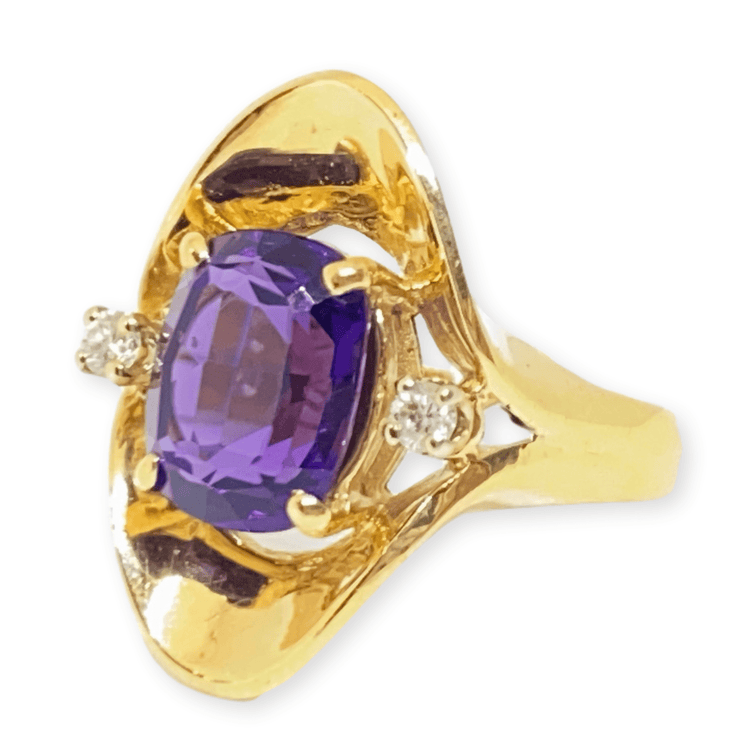 Mark Areias Jewelers Jewellery & Watches Estate Natural Fancy Cushion Amethyst & Diamond Freeform Ring 14K Yellow Gold