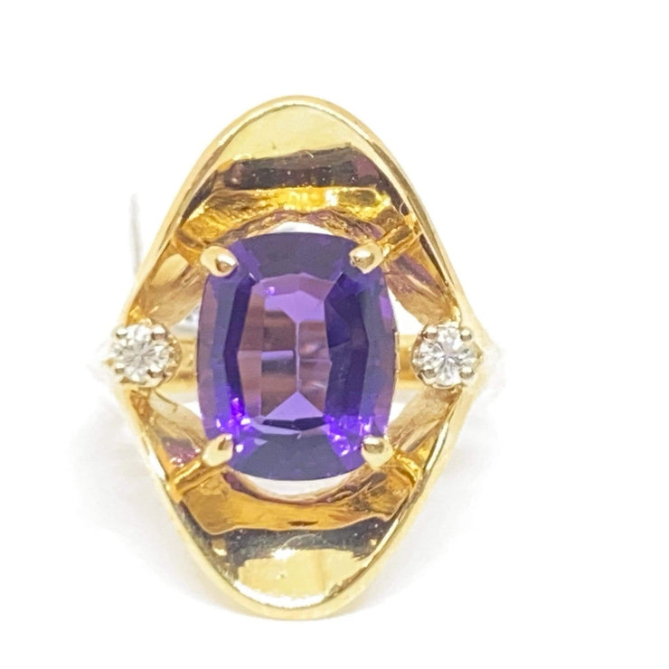 Mark Areias Jewelers Jewellery & Watches Estate Natural Fancy Cushion Amethyst & Diamond Freeform Ring 14K Yellow Gold