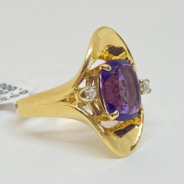 Mark Areias Jewelers Jewellery & Watches Estate Natural Fancy Cushion Amethyst & Diamond Freeform Ring 14K Yellow Gold