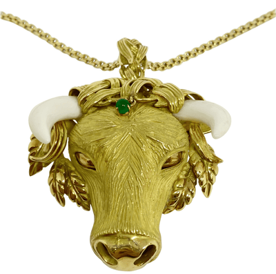 Mark Areias Jewelers Jewellery & Watches Estate Natural Ivory and Emerald Bull Pendant Brooch 18 Karat Yellow Gold