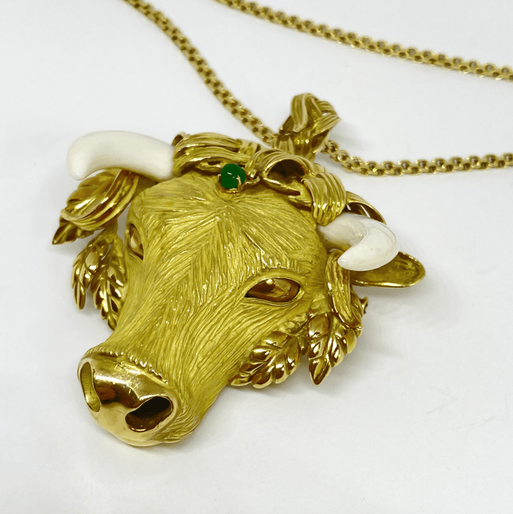 Mark Areias Jewelers Jewellery & Watches Estate Natural Ivory and Emerald Bull Pendant Brooch 18 Karat Yellow Gold