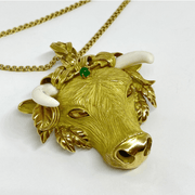 Mark Areias Jewelers Jewellery & Watches Estate Natural Ivory and Emerald Bull Pendant Brooch 18 Karat Yellow Gold