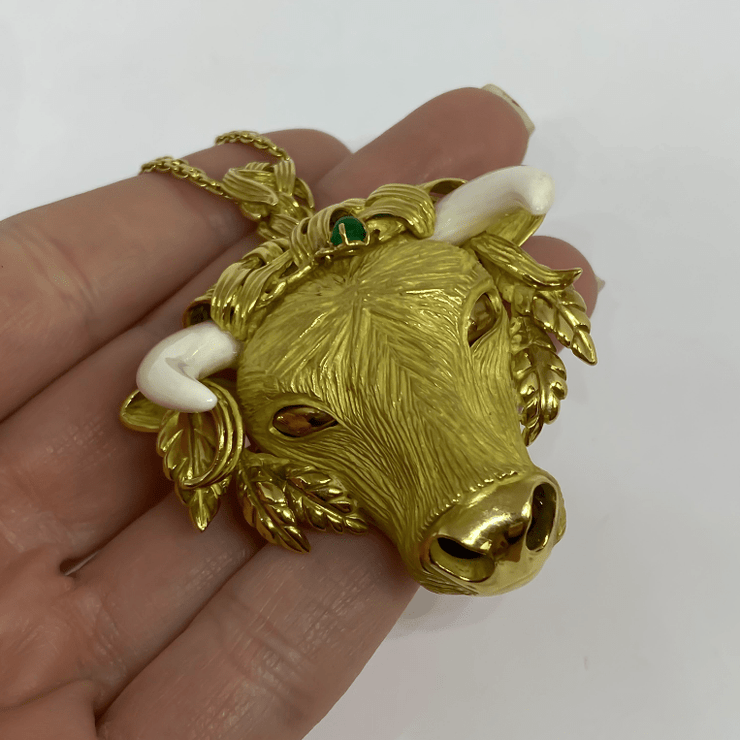 Mark Areias Jewelers Jewellery & Watches Estate Natural Ivory and Emerald Bull Pendant Brooch 18 Karat Yellow Gold