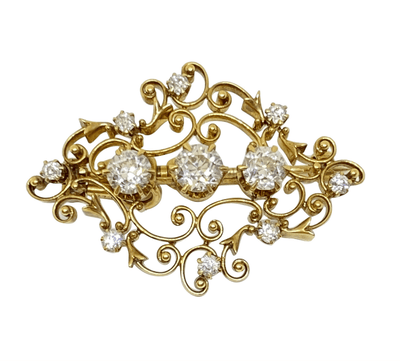 Mark Areias Jewelers Jewellery & Watches Estate Old European Cut Diamonds Scroll 18 Karat Gold Brooch Pendant 1.50 Carat