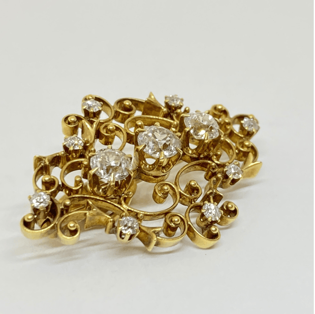 Mark Areias Jewelers Jewellery & Watches Estate Old European Cut Diamonds Scroll 18 Karat Gold Brooch Pendant 1.50 Carat