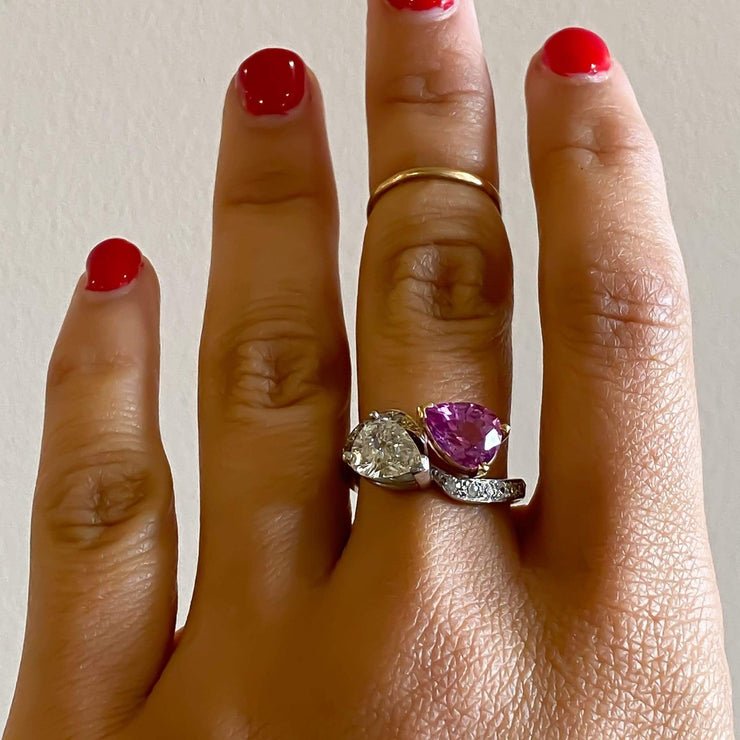 Mark Areias Jewelers Jewellery & Watches Estate Pear Shape Pink Sapphire & Diamond Bypass Ring in Platinum