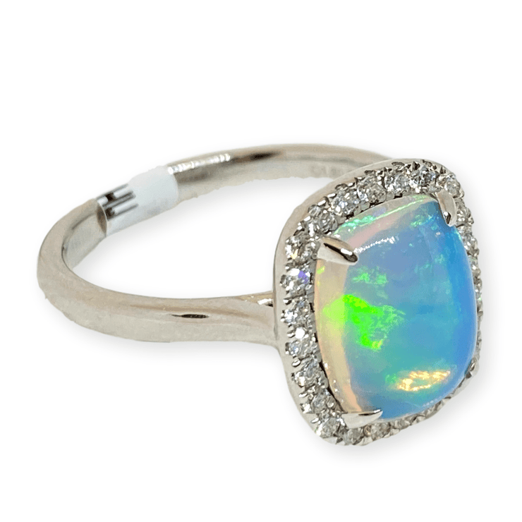 Mark Areias Jewelers Jewellery & Watches Ethiopian Cushion Cabochon Opal & Diamond Ring 14K White Gold 1.67CT