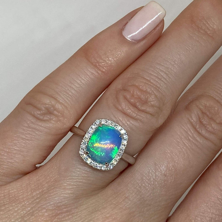 Mark Areias Jewelers Jewellery & Watches Ethiopian Cushion Cabochon Opal & Diamond Ring 14K White Gold 1.67CT