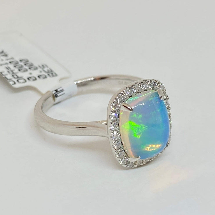 Mark Areias Jewelers Jewellery & Watches Ethiopian Cushion Cabochon Opal & Diamond Ring 14K White Gold 1.67CT