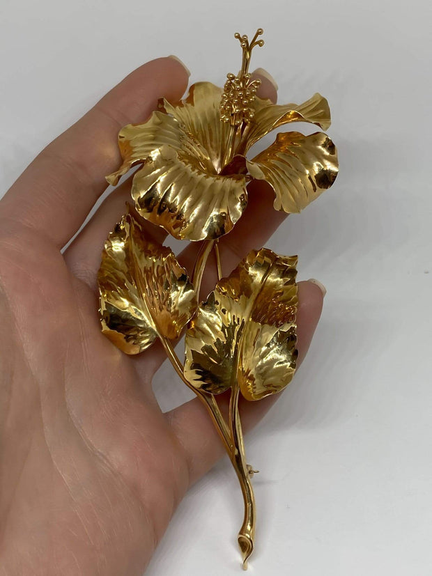 Mark Areias Jewelers Jewellery & Watches Extra Large XL Hibiscus Flower Brooch Pin 46 grams 14K Yellow Gold
