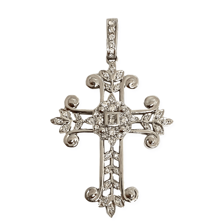 Mark Areias Jewelers Jewellery & Watches Fancy Leaf Filigree Diamond Cross Pendant Enhancer 18K White Gold .61 CTW