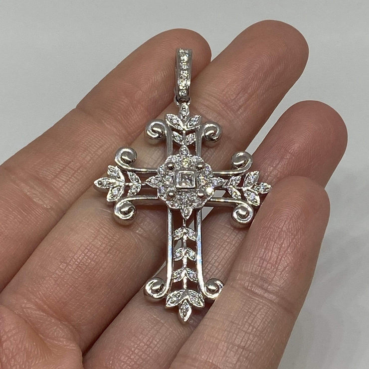 Mark Areias Jewelers Jewellery & Watches Fancy Leaf Filigree Diamond Cross Pendant Enhancer 18K White Gold .61 CTW