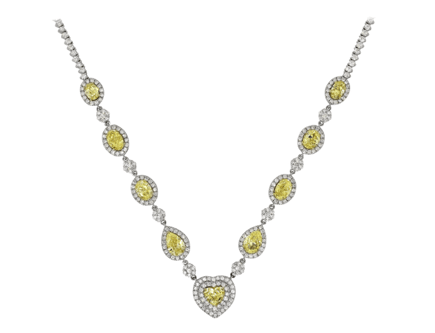 Mark Areias Jewelers Jewellery & Watches Fancy Yellow Diamond Heart, Pear, Oval Riviera Necklace 18 Karat 14.66 Carat