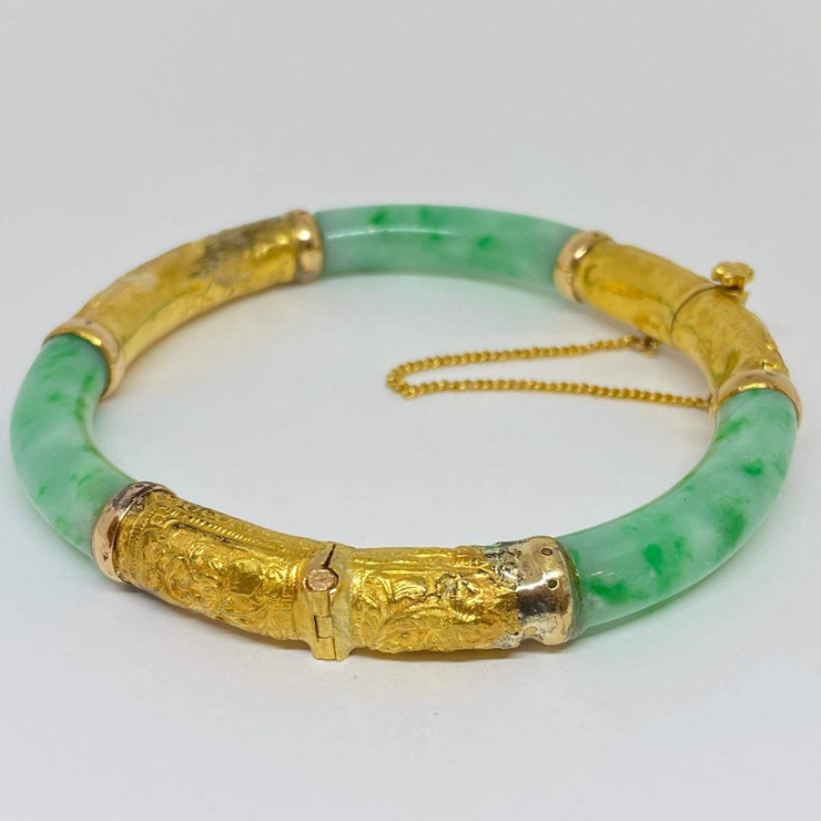Mark Areias Jewelers Jewellery & Watches Floral Antique Vintage Green Jade Bangle w/Screw 20K Yellow Gold