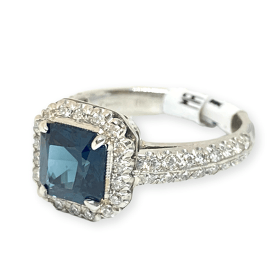 Mark Areias Jewelers Jewellery & Watches Handmade Custom Square Blue Sapphire & Diamond Halo Ring Platinum 1.77CT No Heat