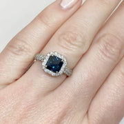 Mark Areias Jewelers Jewellery & Watches Handmade Custom Square Blue Sapphire & Diamond Halo Ring Platinum 1.77CT No Heat