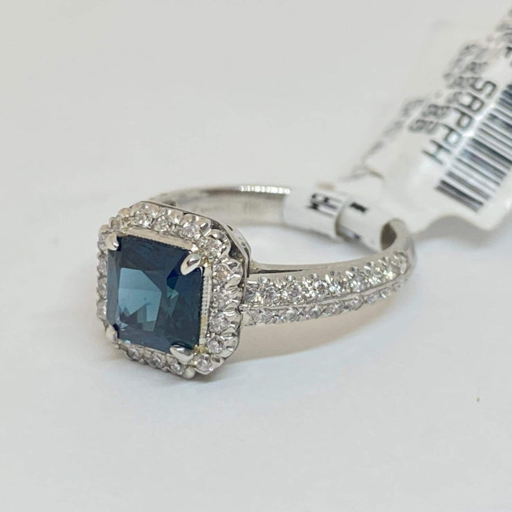 Mark Areias Jewelers Jewellery & Watches Handmade Custom Square Blue Sapphire & Diamond Halo Ring Platinum 1.77CT No Heat
