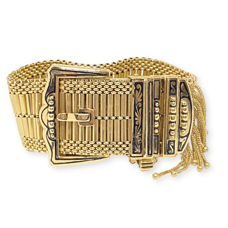 Mark Areias Jewelers Jewellery & Watches Heavy Wide Buckle Tassel MOP Gruen Watch Estate Bracelet 14K 98 Grams!