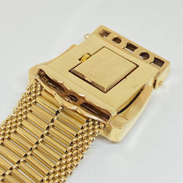Mark Areias Jewelers Jewellery & Watches Heavy Wide Buckle Tassel MOP Gruen Watch Estate Bracelet 14K 98 Grams!