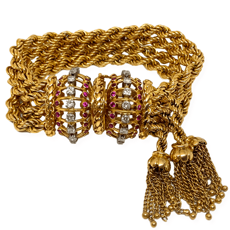 Mark Areias Jewelers Jewellery & Watches Heavy Wide Rope Tassel Diamond & Ruby Estate Bracelet 18K 138 Grams!